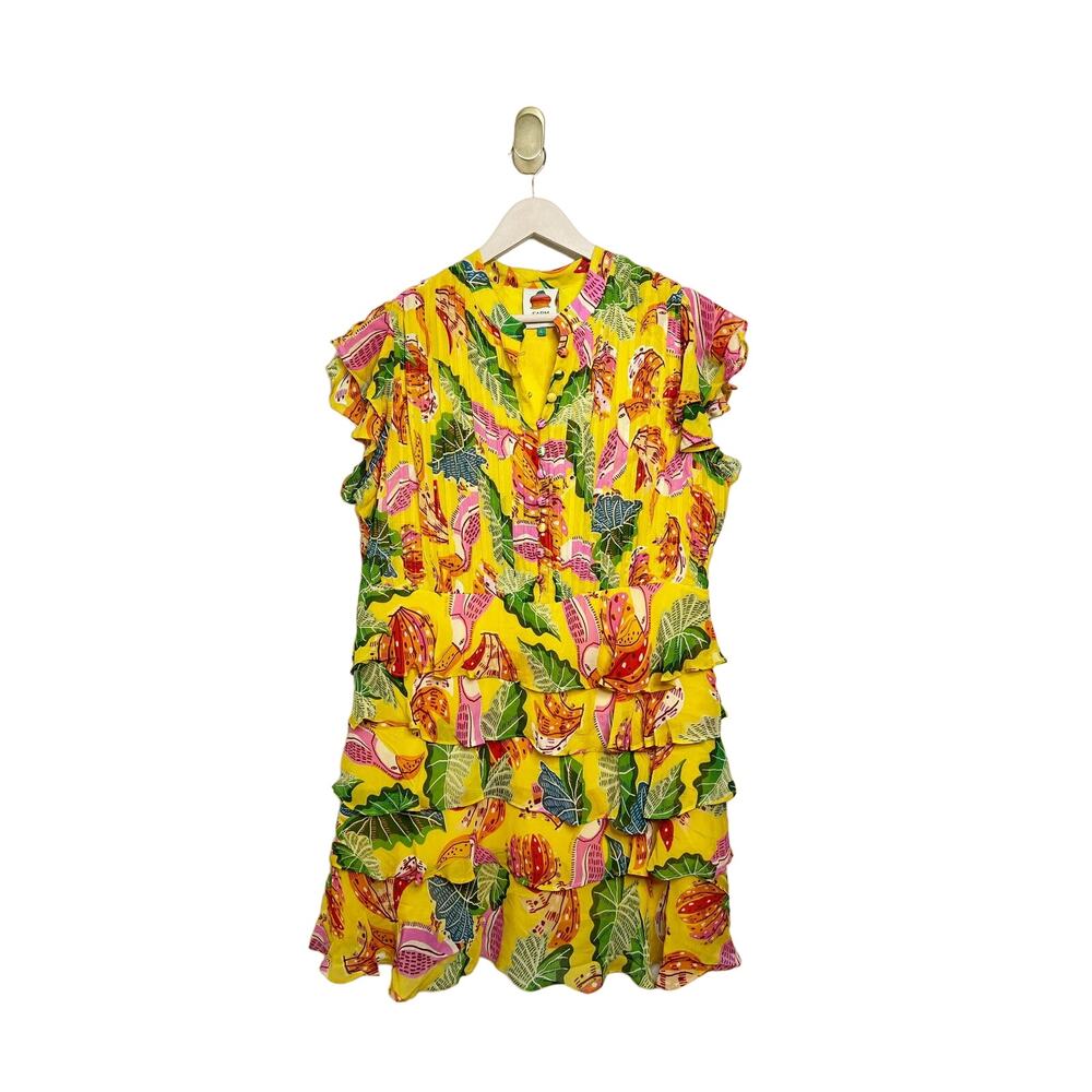 Farm Rio Yellow Beaks & Bananas Layered Ruffled Mini Dress Large - Picture 5 of 13